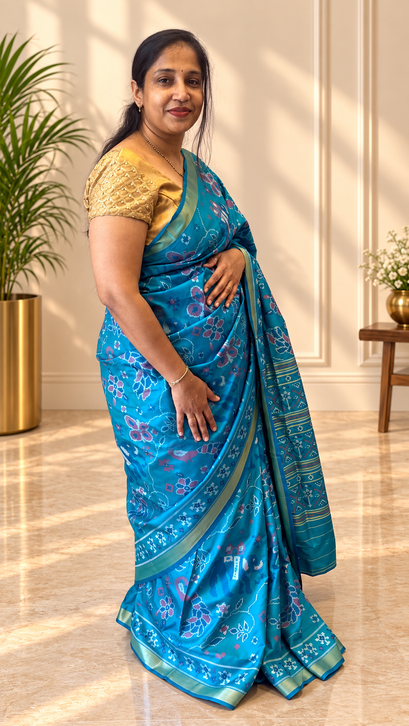 Maya Rama Green Ikkat Print Soft Blended Silk Saree | Radhe Ethnics