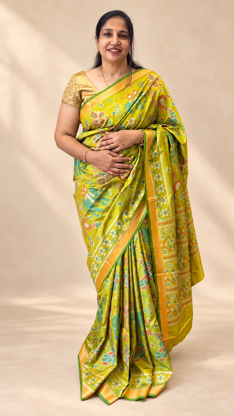 Maya Lime Green Ikkat Soft Blended Silk Saree | Radhe Ethnics