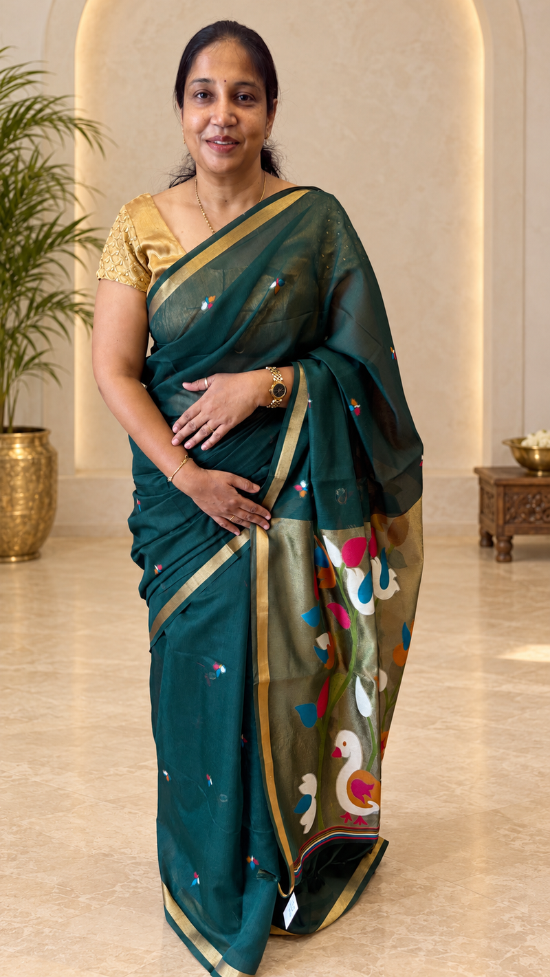 Pakhi Bottle green Cotton Silk Jamdhani Saree | Radhe Ethnics