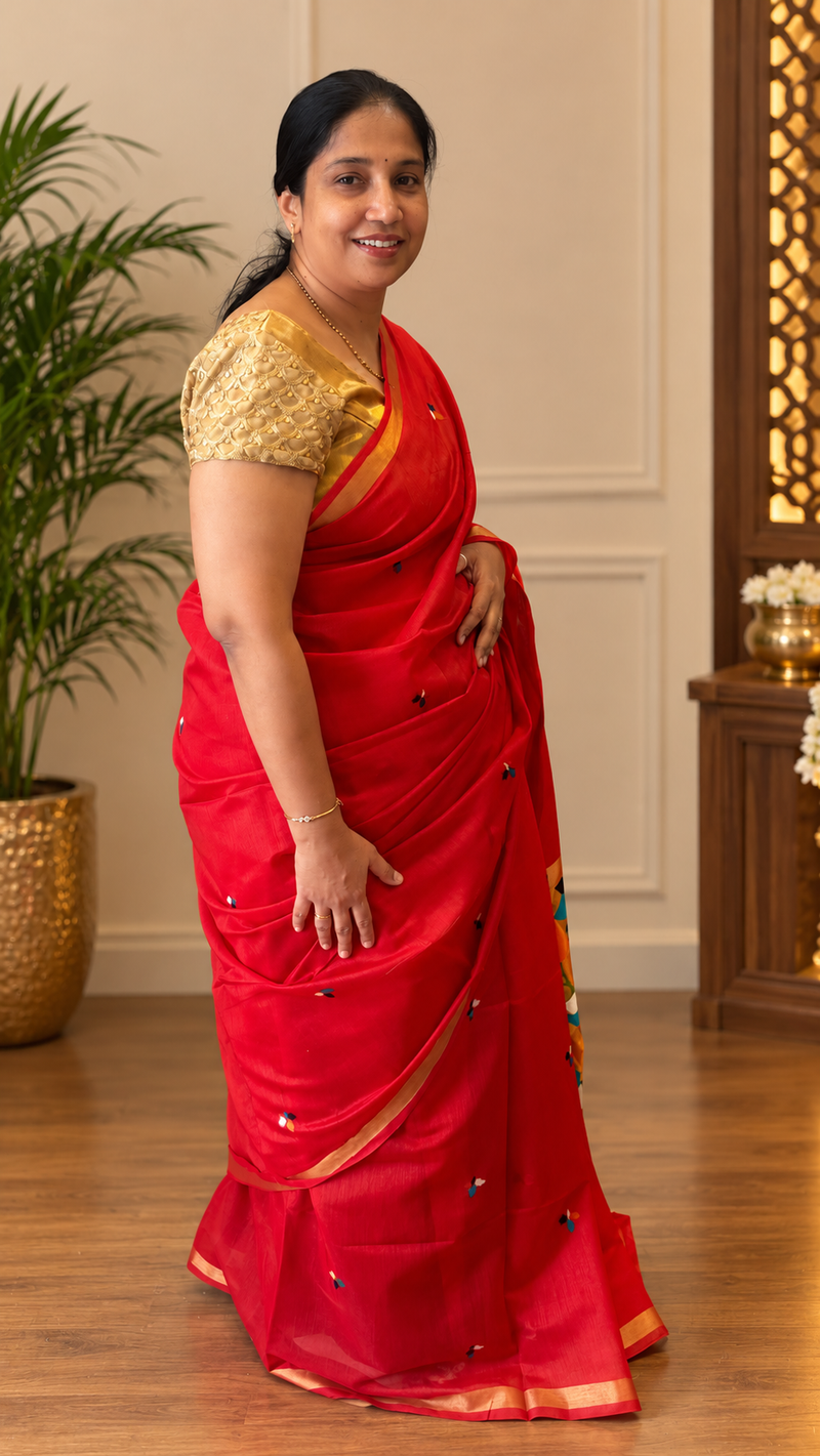 Pakhi – Red Cotton Silk Jamdhani Saree | Radhe Ethnics