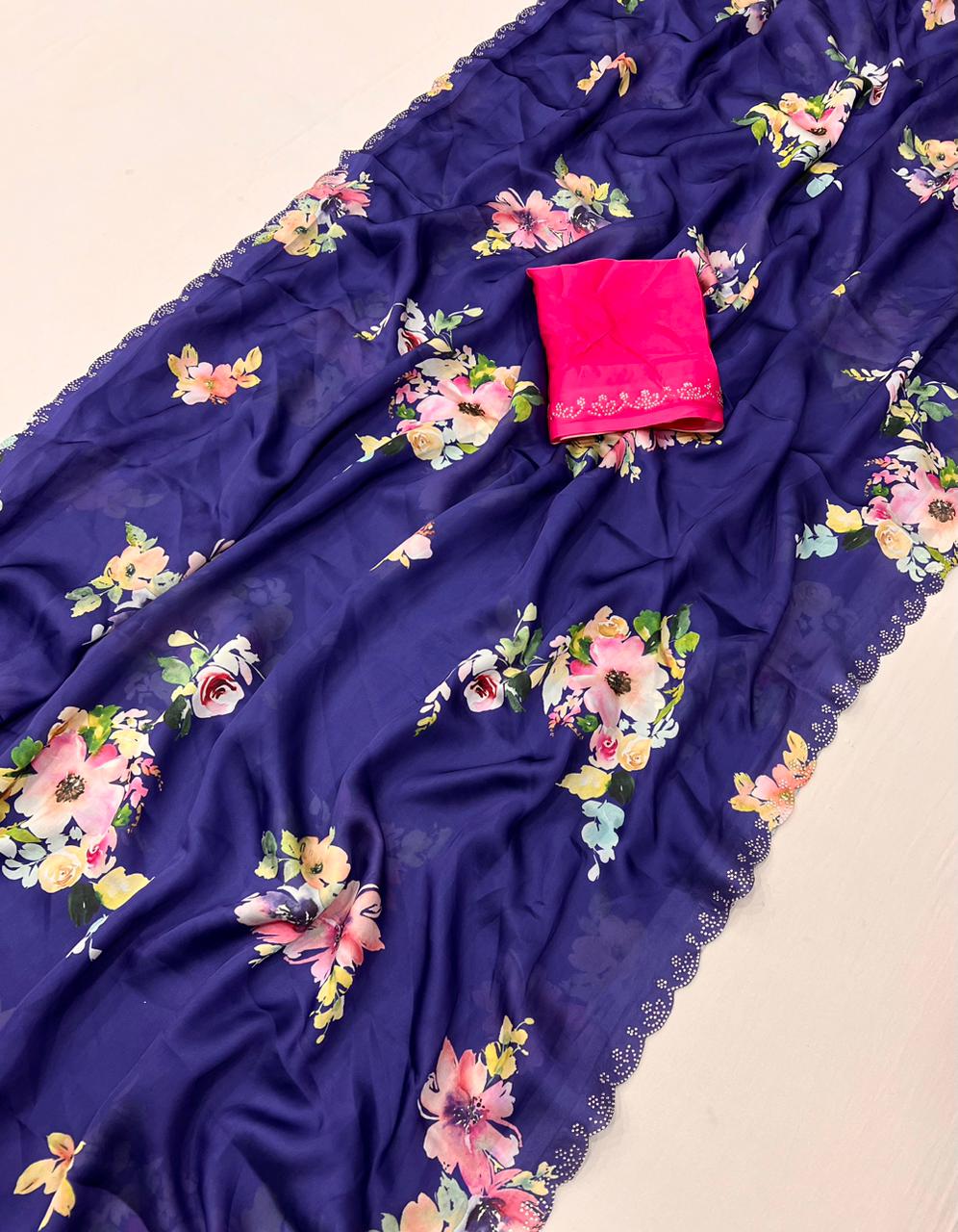 Blue Floral Satin Silk Saree