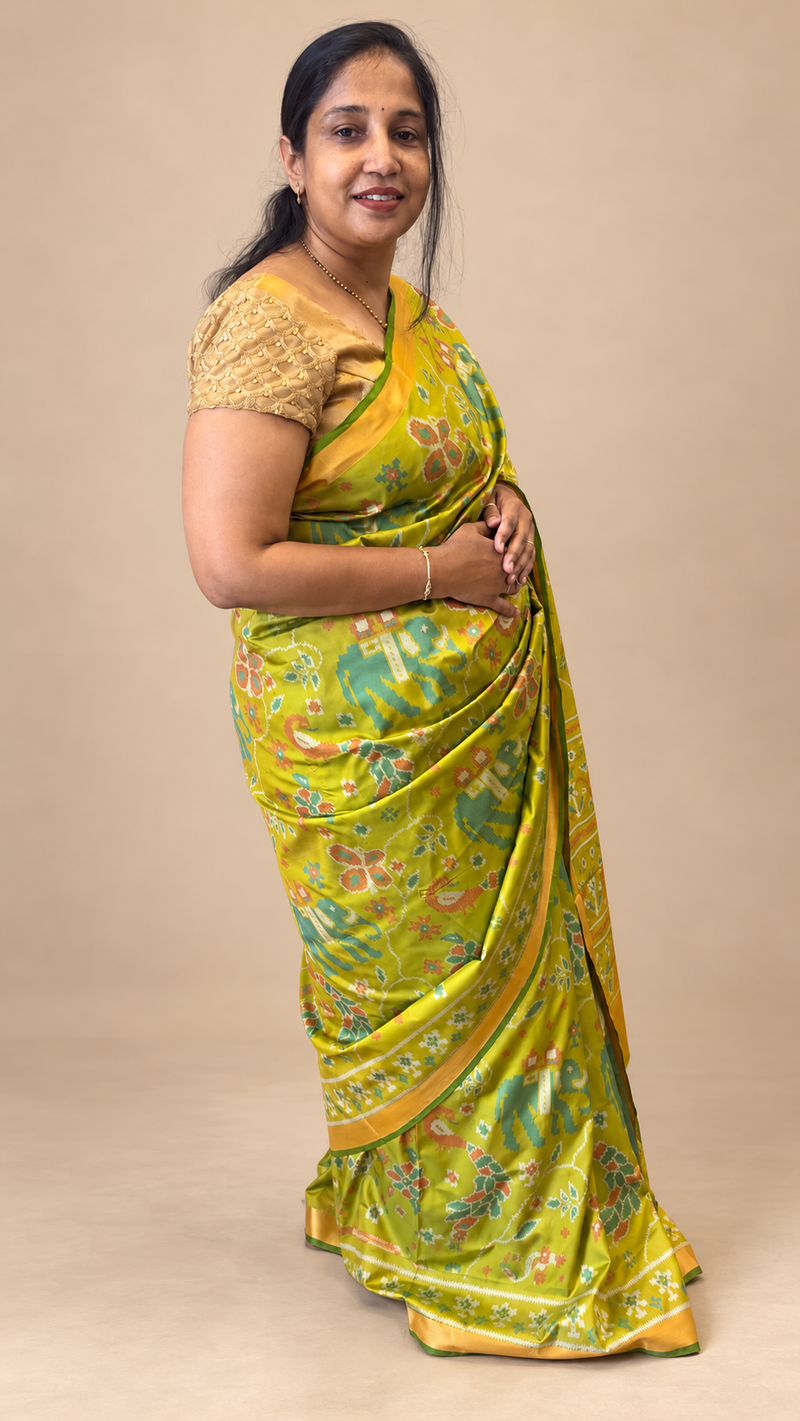 Maya Lime Green Ikkat Soft Blended Silk Saree | Radhe Ethnics