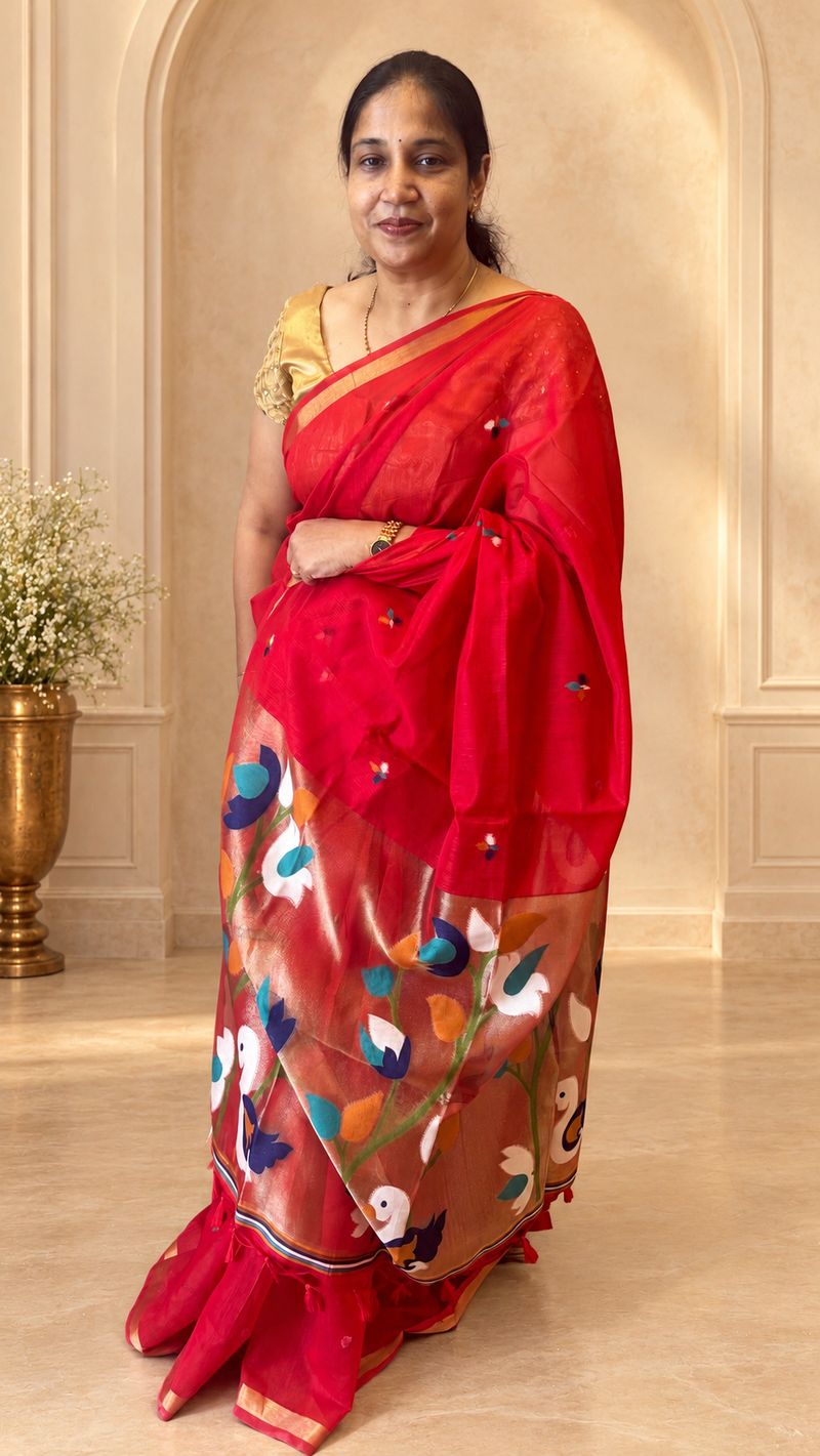 Pakhi – Red Cotton Silk Jamdhani Saree | Radhe Ethnics