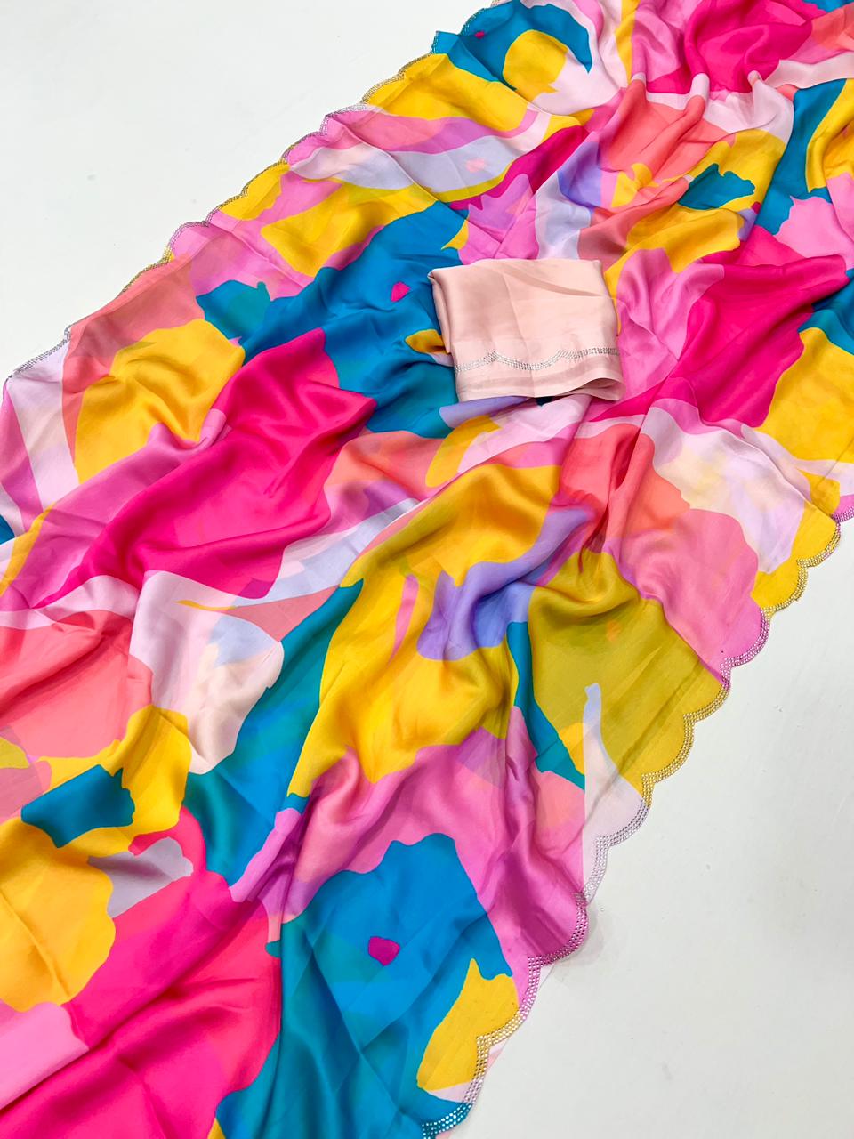 Multicolor Abstract Satin Silk Saree with Swarovski Border