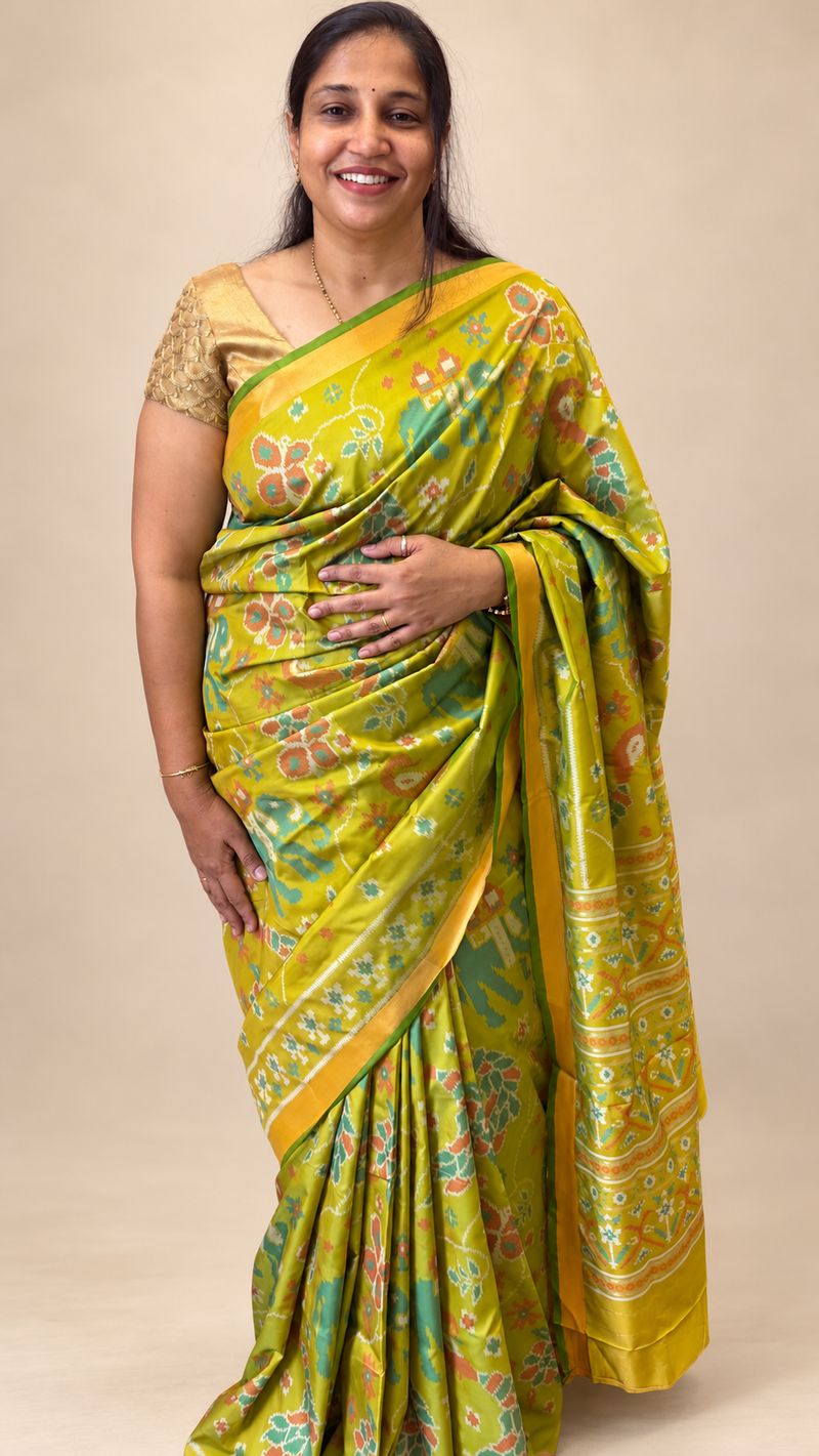 Maya Lime Green Ikkat Soft Blended Silk Saree | Radhe Ethnics