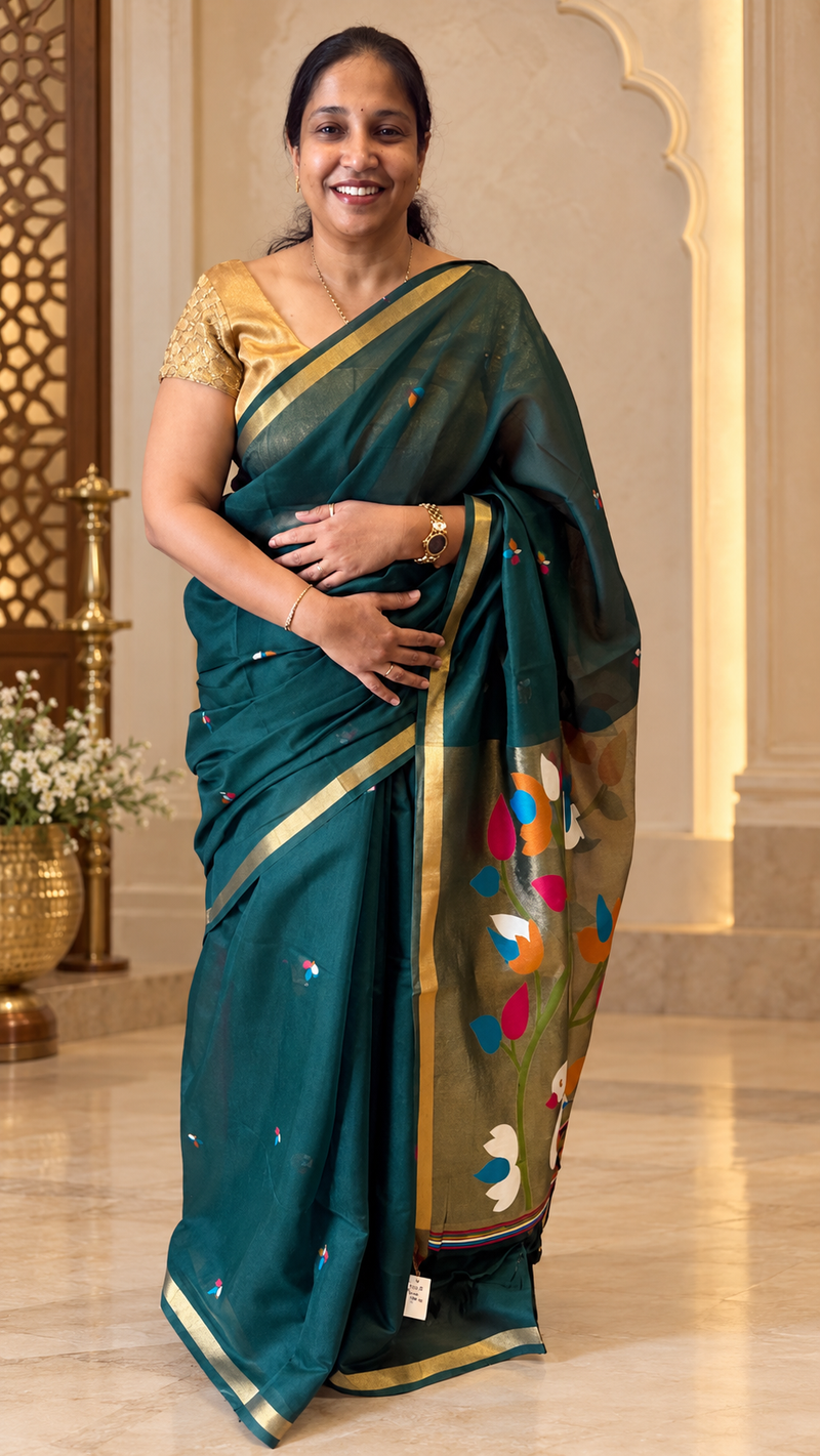 Pakhi Bottle green Cotton Silk Jamdhani Saree | Radhe Ethnics