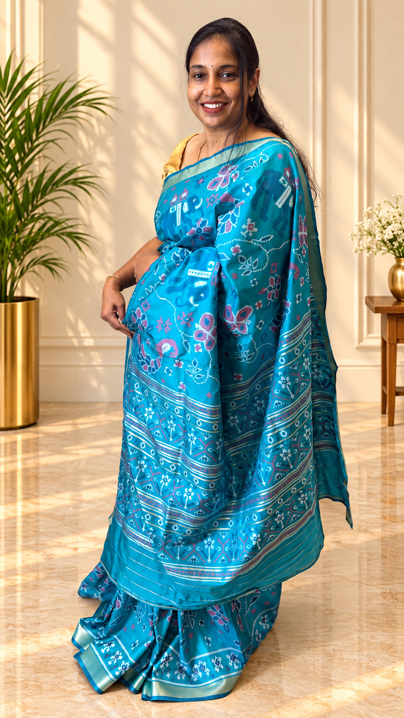 Maya Rama Green Ikkat Print Soft Blended Silk Saree | Radhe Ethnics