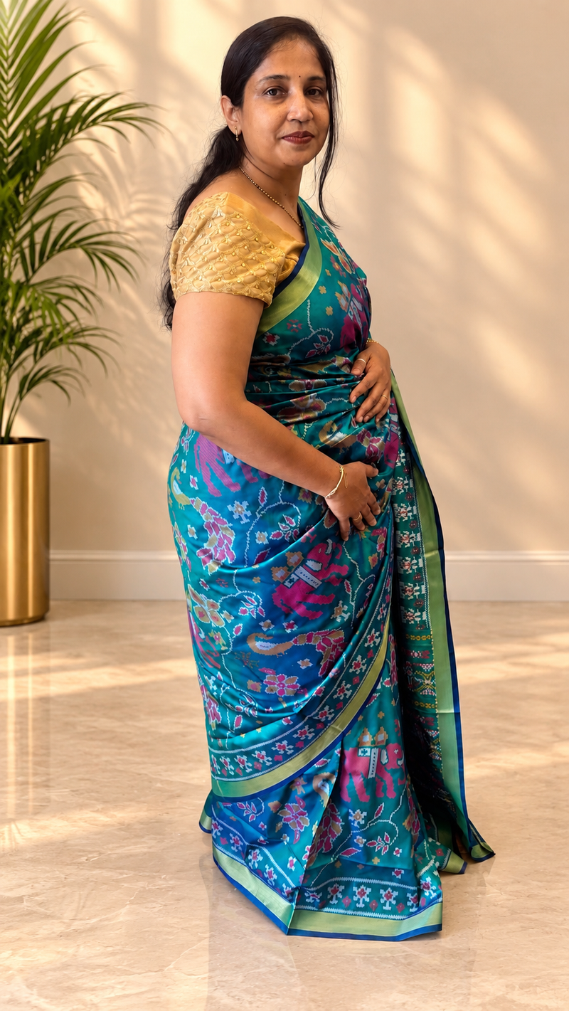 Maya Teal Green Ikkat Print Soft Blended Silk Saree | Radhe Ethnics
