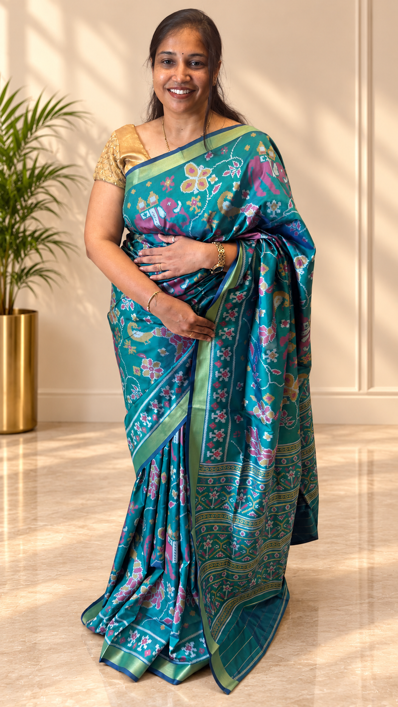 Maya Teal Green Ikkat Print Soft Blended Silk Saree | Radhe Ethnics