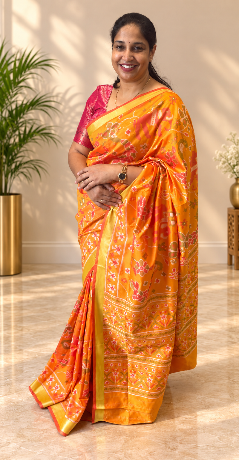 Maya Yellow Ikkat Print Sift Blended Silk Saree| Radhe Ethnics
