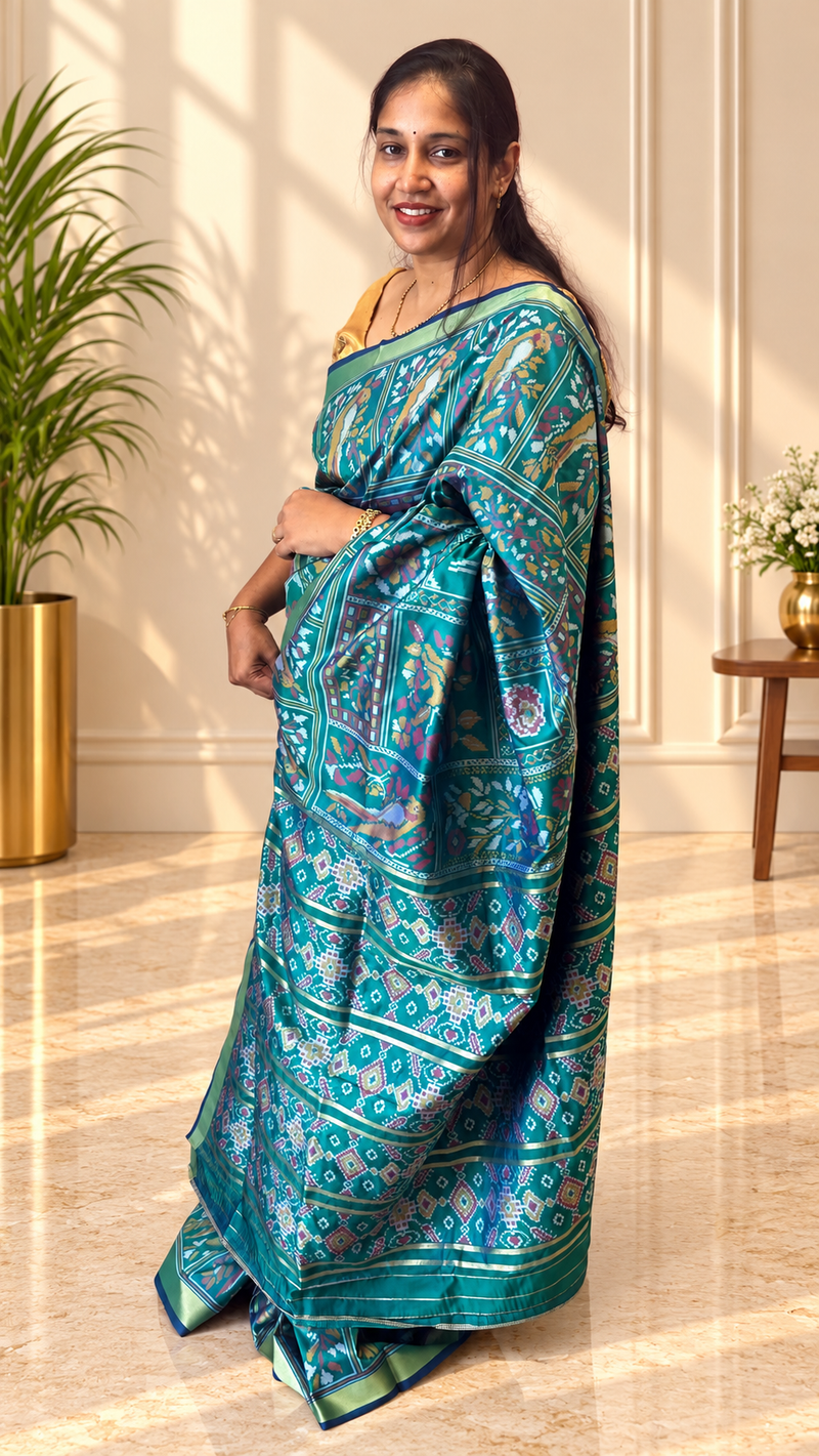 Kiara – Green Ikkat Print Soft Blended Silk Saree