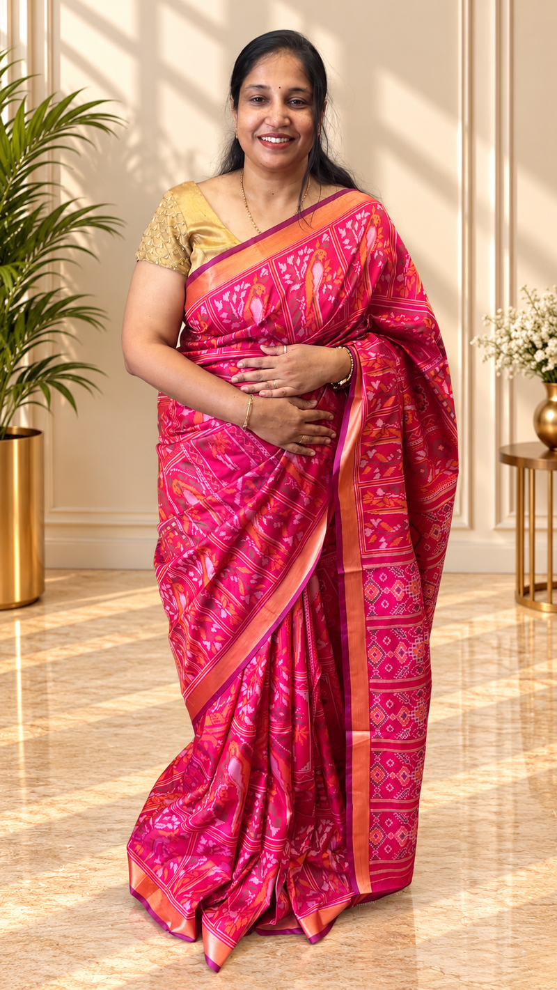 Kiara Magenta Ikkat Print Soft Blended Silk Saree | Radhe Ethnics