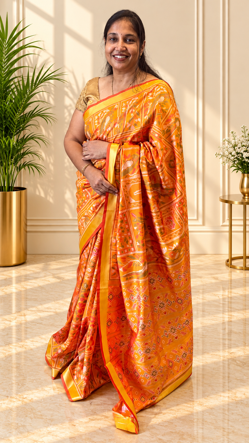 Kiara Yellow Ikkat Print Soft Blended Silk Saree | Radhe Ethnics