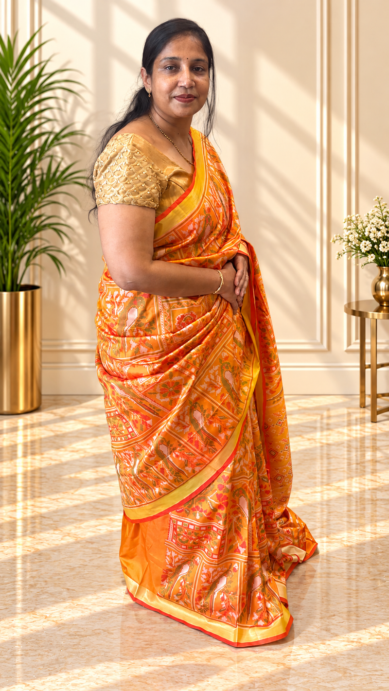 Kiara Yellow Ikkat Print Soft Blended Silk Saree | Radhe Ethnics