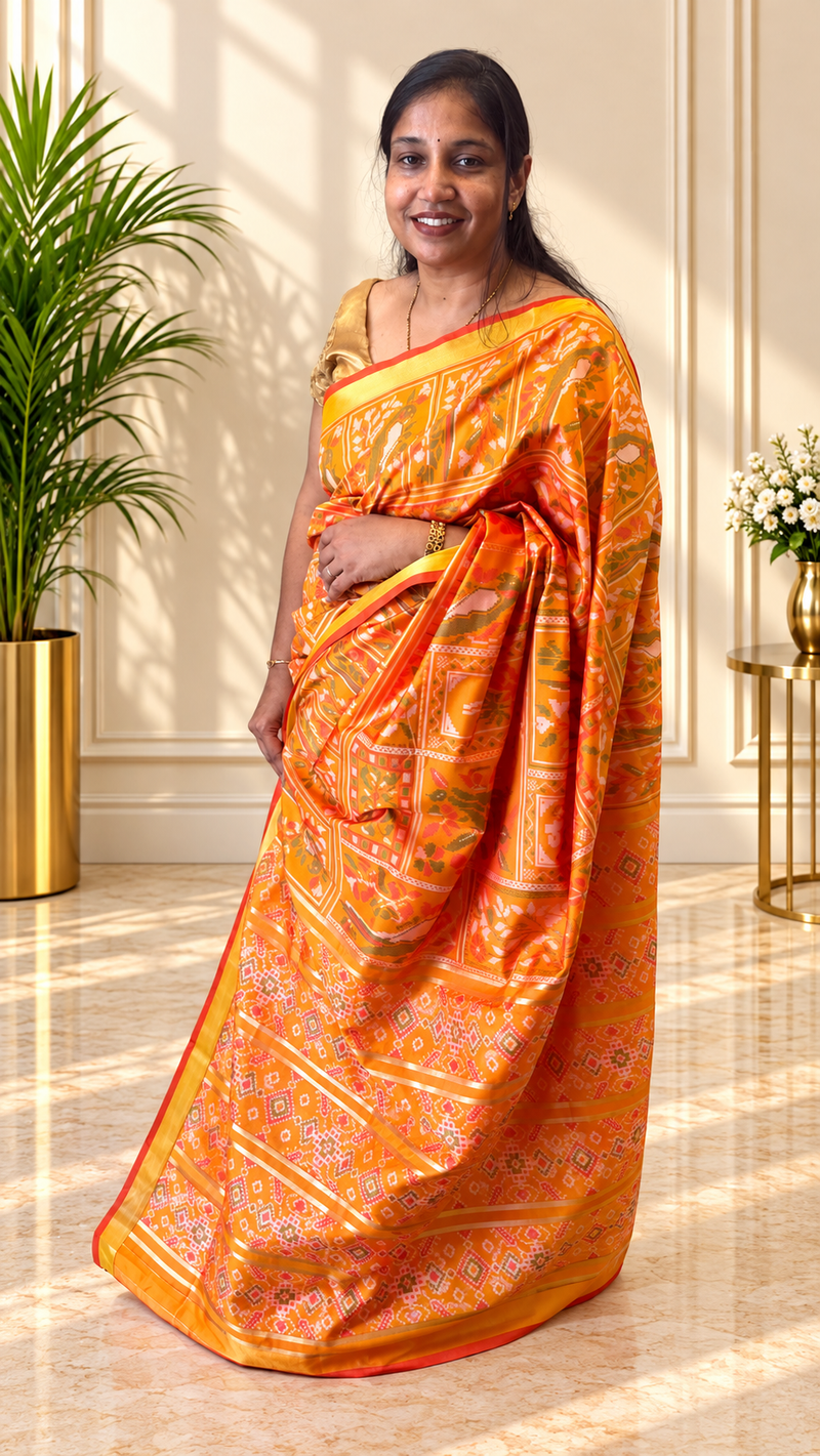 Kiara Yellow Ikkat Print Soft Blended Silk Saree | Radhe Ethnics