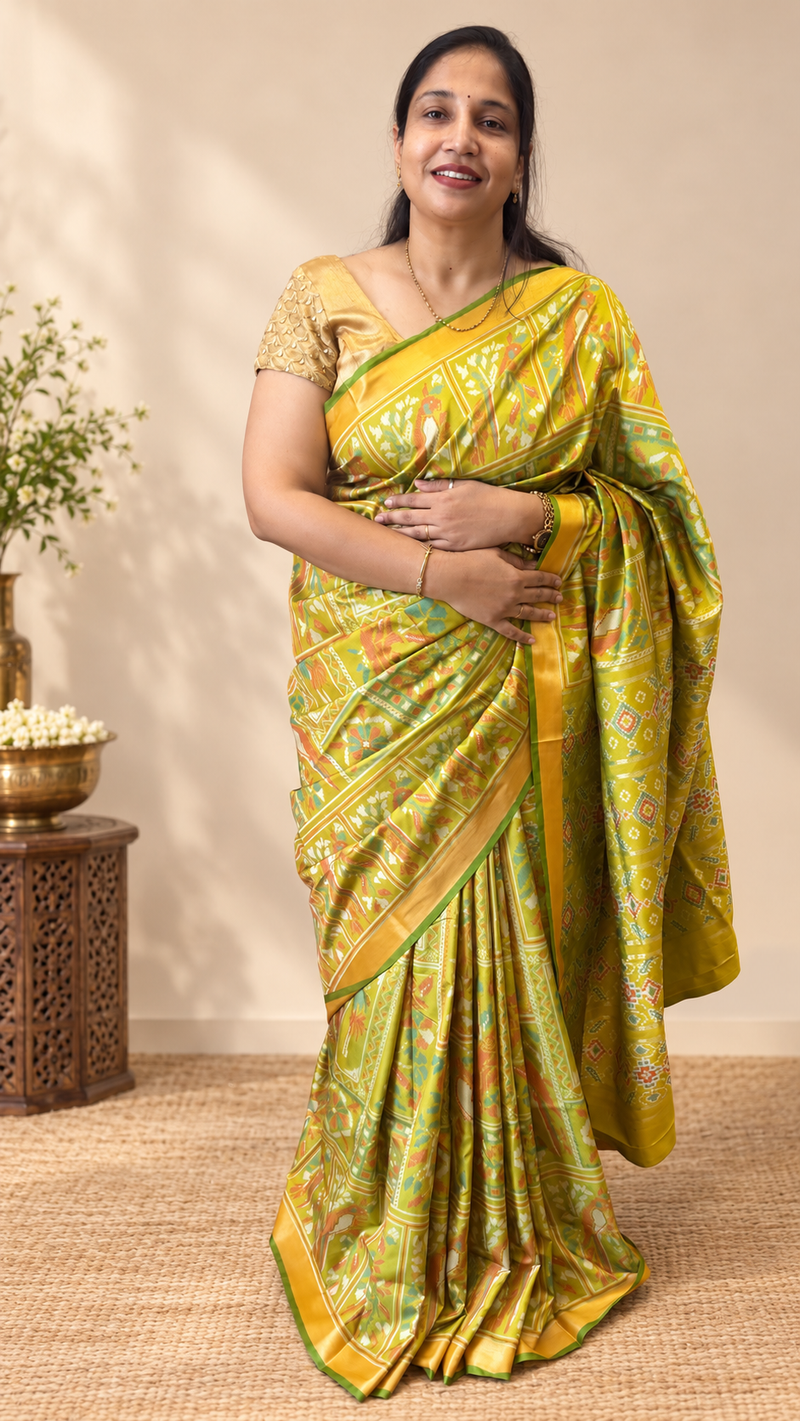 Kiara – Pista Green Ikkat Print Soft Blended Silk Saree | Radhe Ethnics