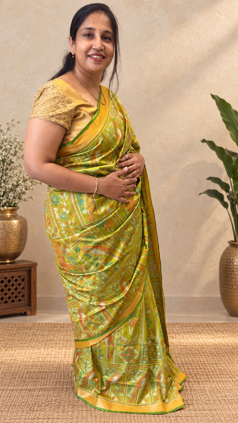Kiara – Pista Green Ikkat Print Soft Blended Silk Saree | Radhe Ethnics