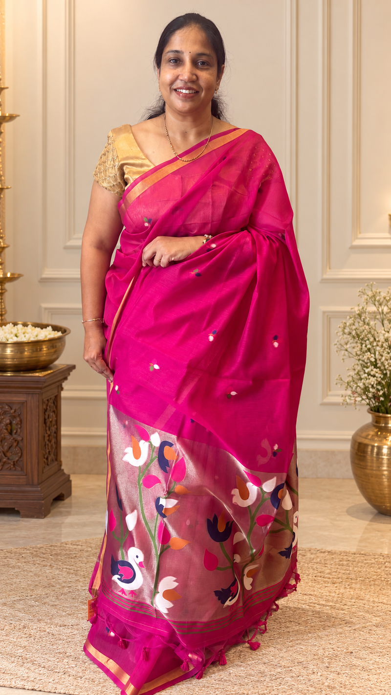 Pakhi – Rani Pink Cotton Silk Jamdhani Saree | Radhe Ethnics