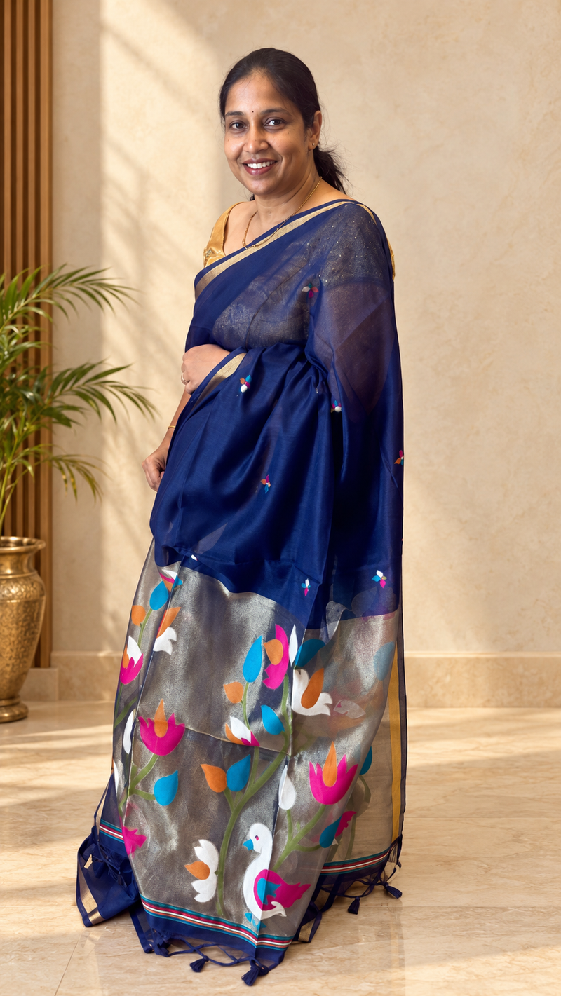 Pakhi Dark Blue Cotton Silk Jamdhani Saree | Radhe Ethnics