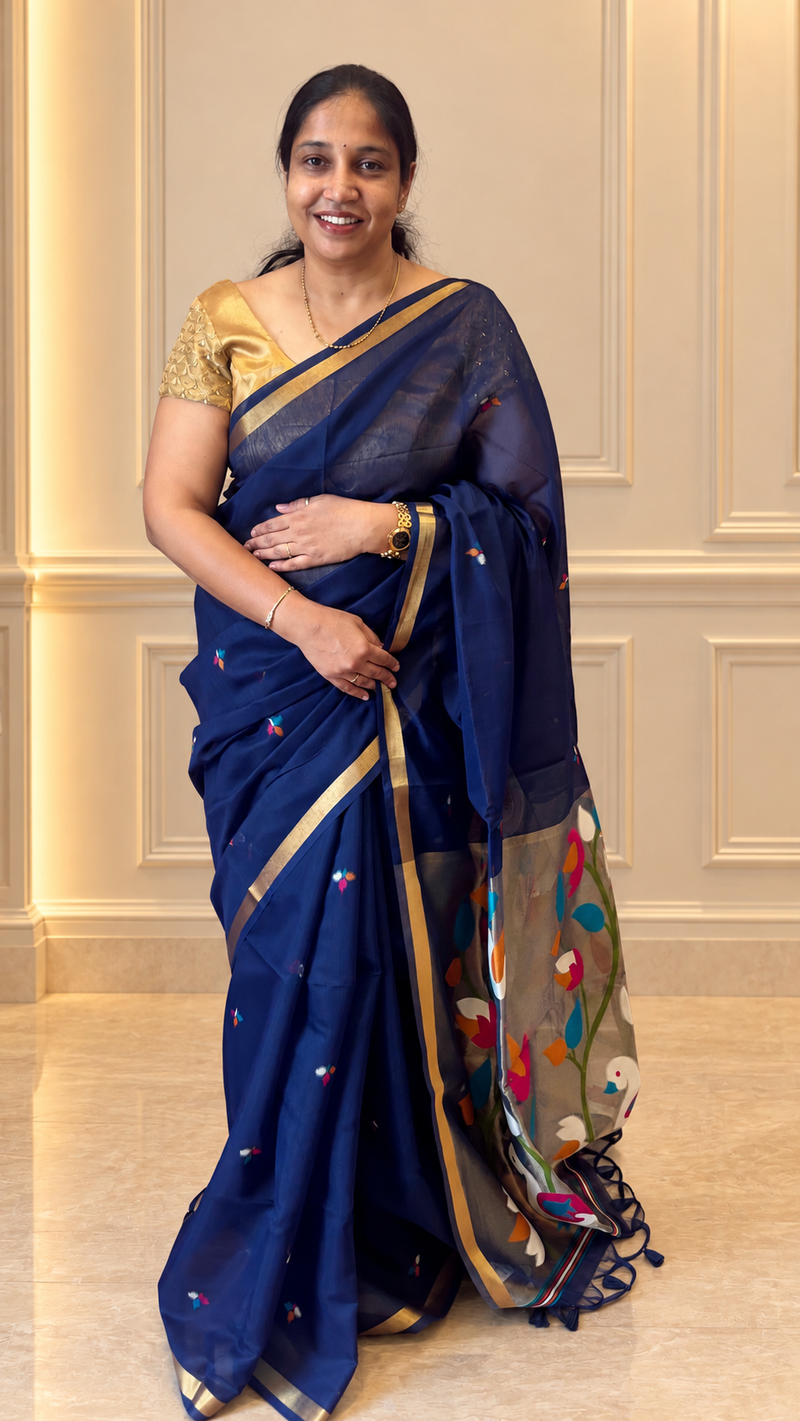 Pakhi Dark Blue Cotton Silk Jamdhani Saree | Radhe Ethnics