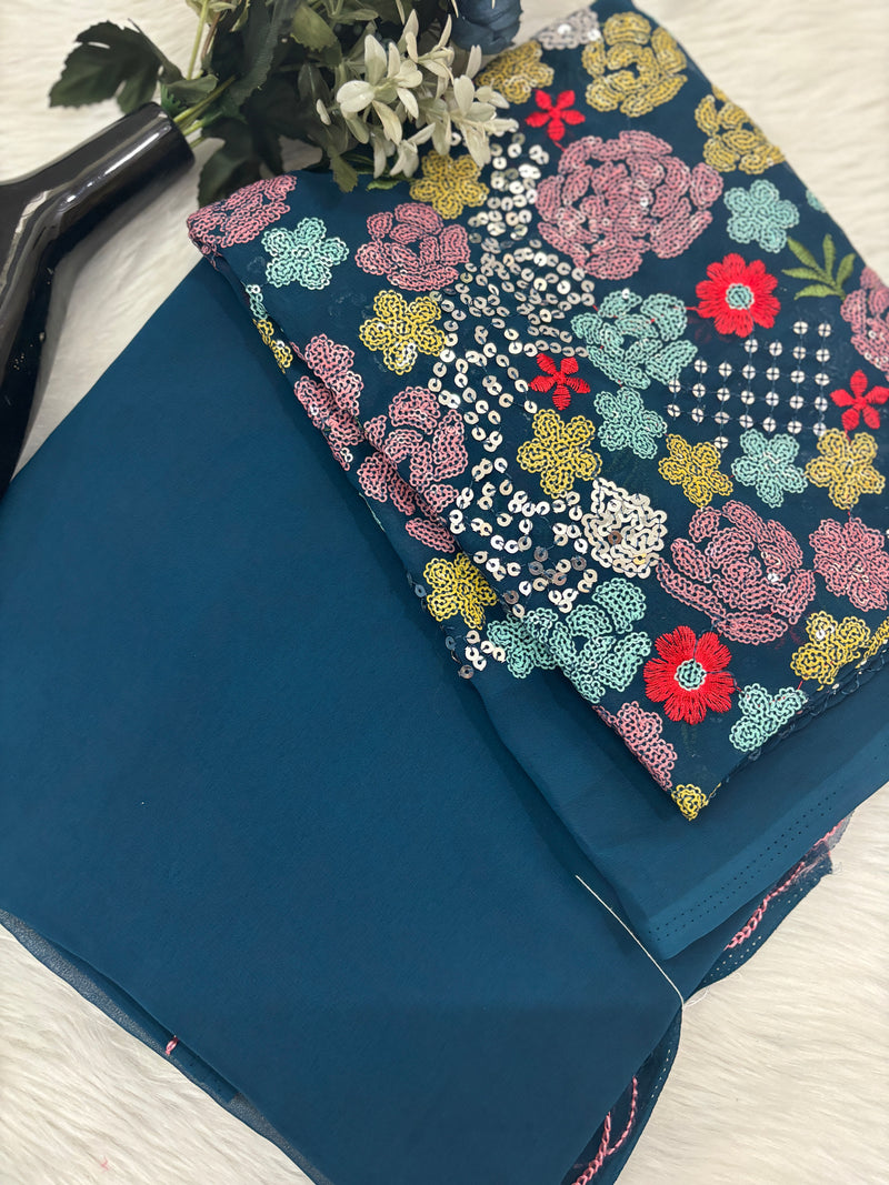 Alpa Elegant Blue Georgette Plain Saree with Designer Embroidered Blouse