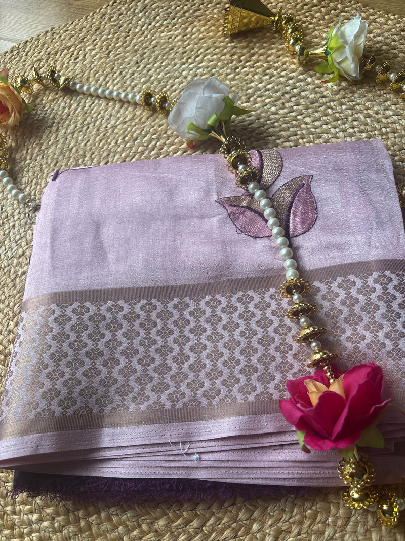 Baby Pink Dola Silk Saree leave design