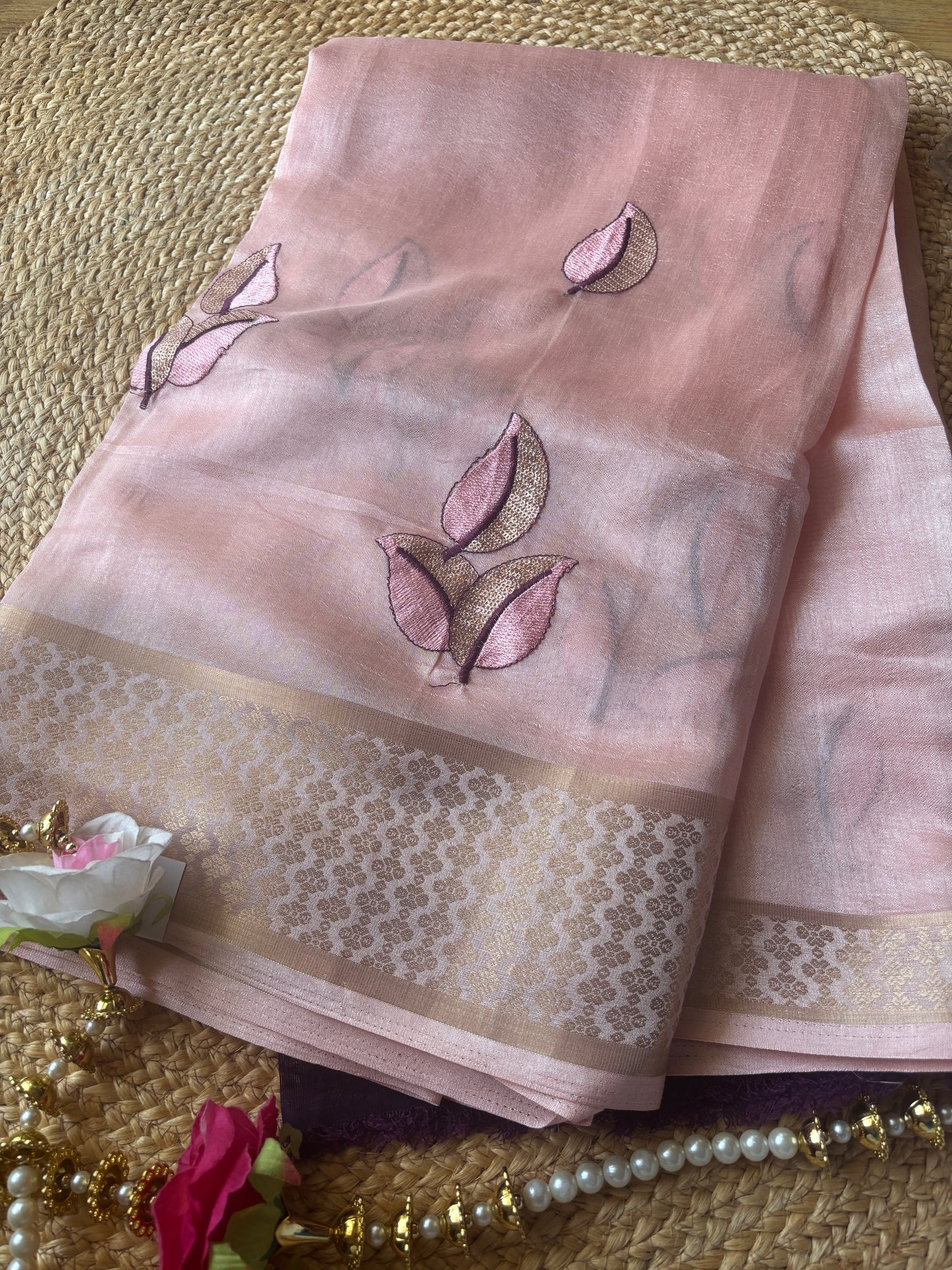 Dola Silk Leave design Peach color saree