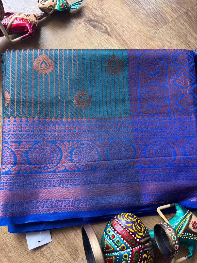 Green and Dark Blue Lining Silk Saree
