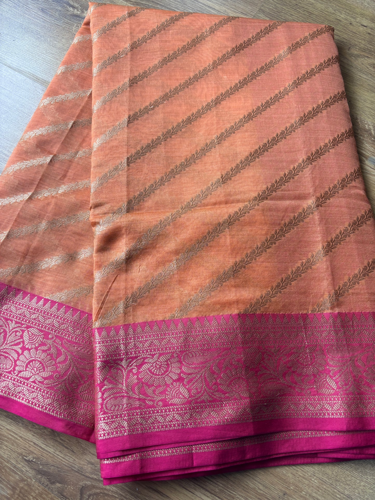 Brown and Pink Lehariya Organza Silk Saree