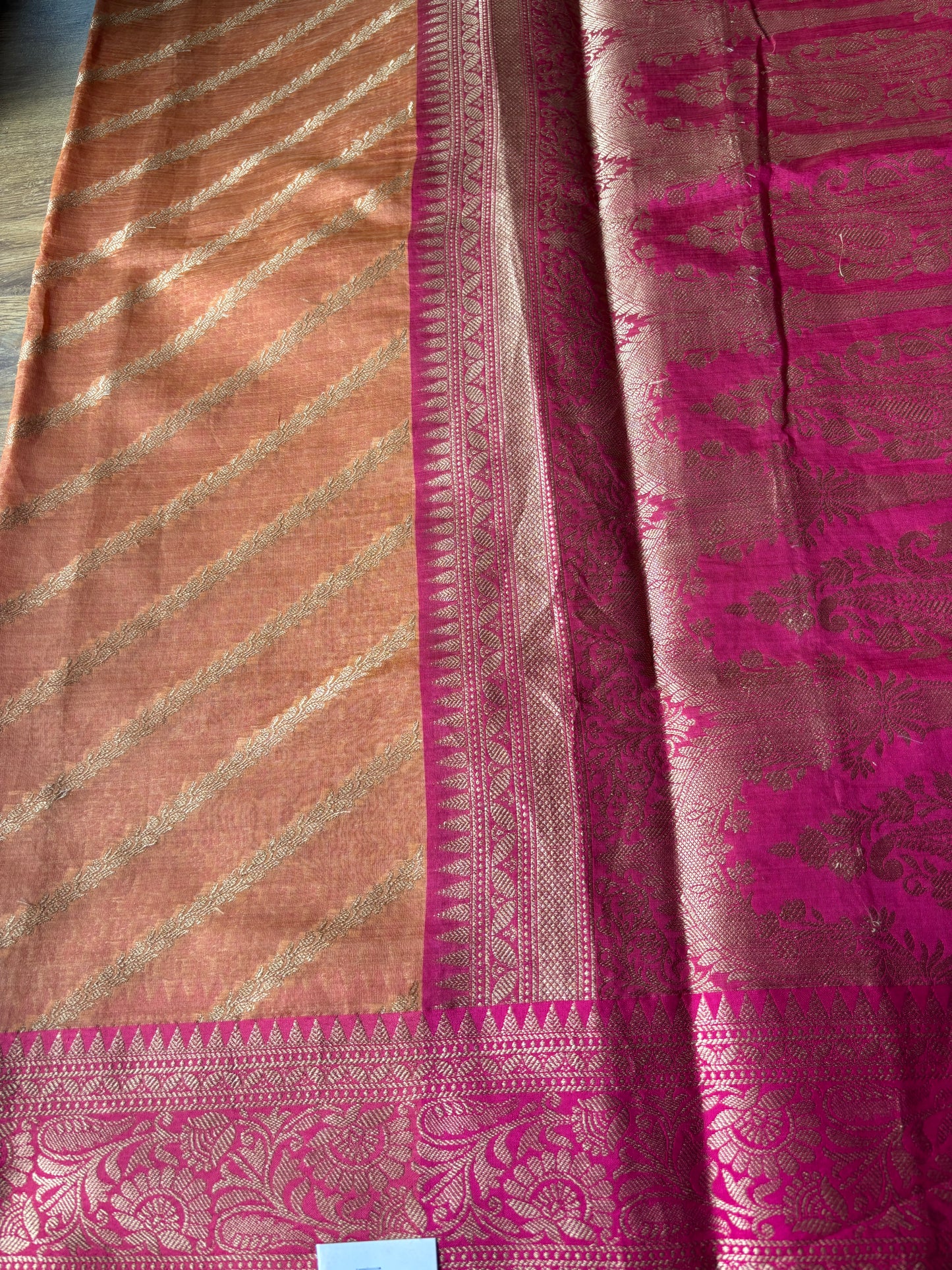 Brown and Pink Lehariya Organza Silk Saree