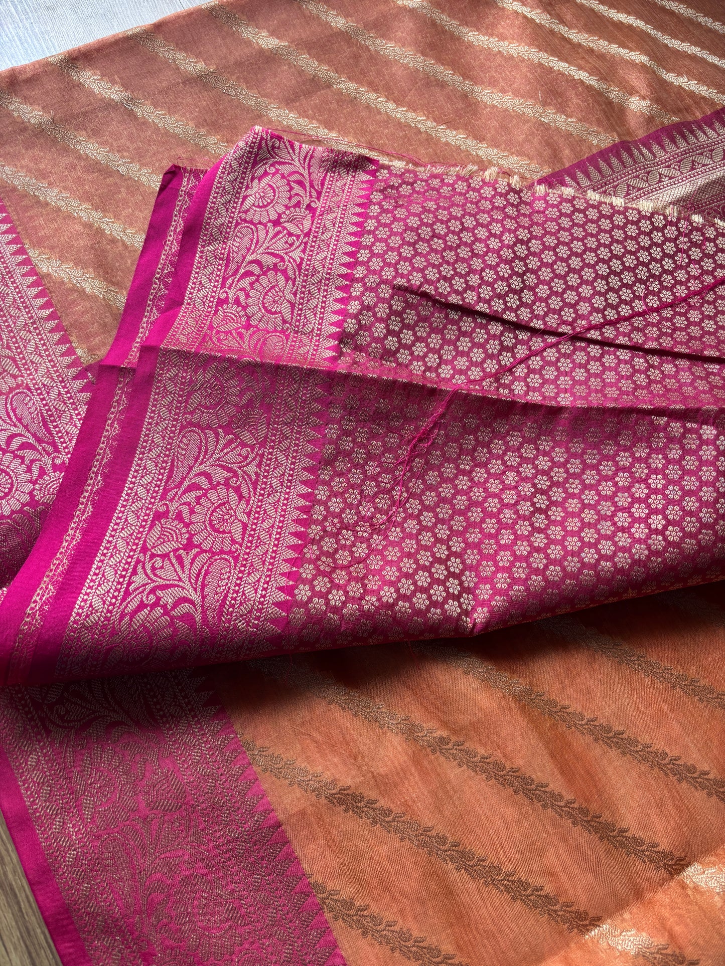 Brown and Pink Lehariya Organza Silk Saree