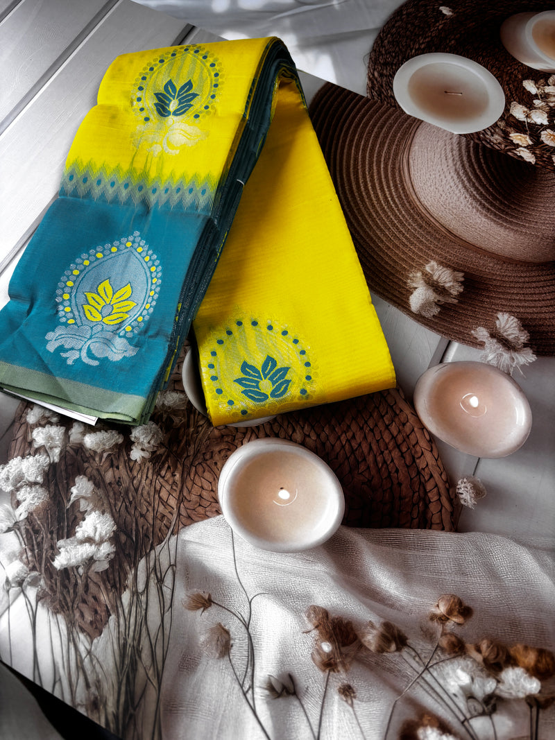 Harita Deepa Radiant Yellow & Teal Kanchivaram Soft Silk Saree