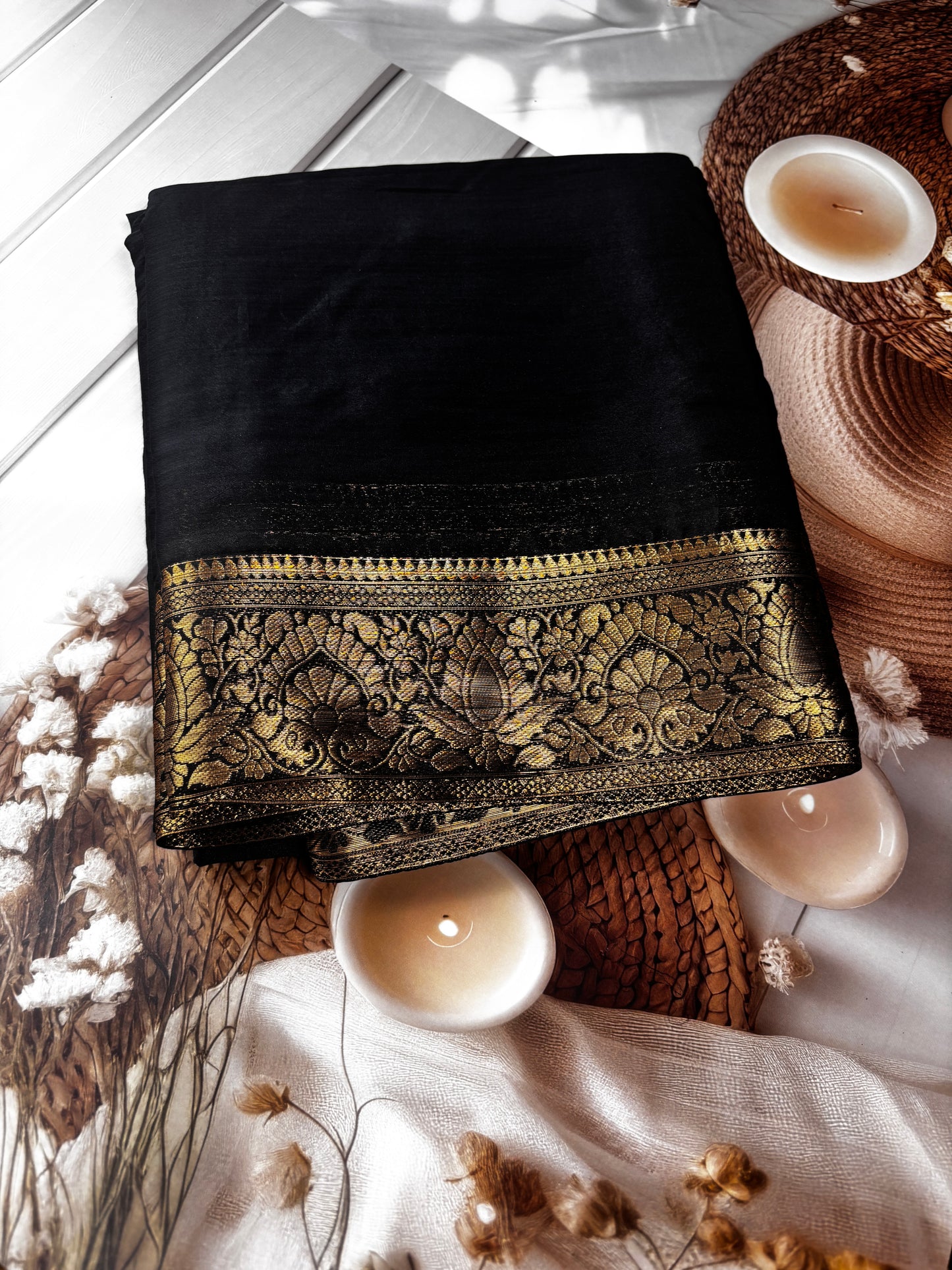 Midnight Elegance Black1 chiffon Silk Saree with Golden Zari Border