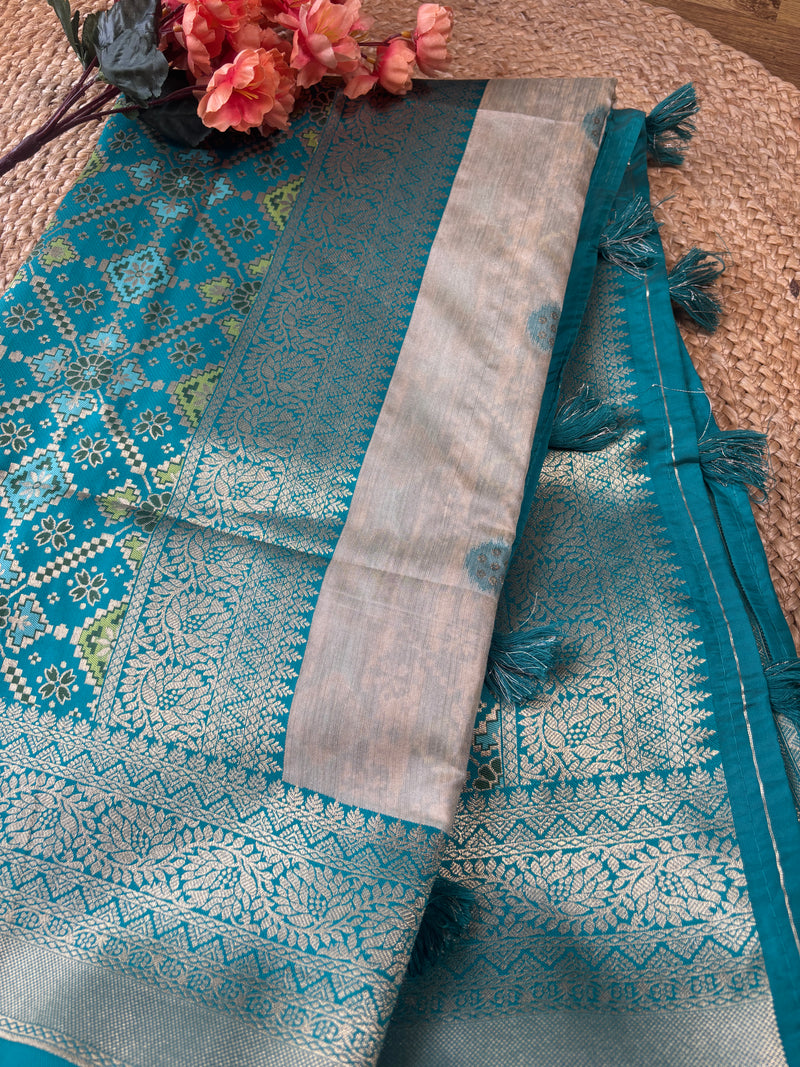 Myra Cream & Green Banarasi Cotton Silk Saree