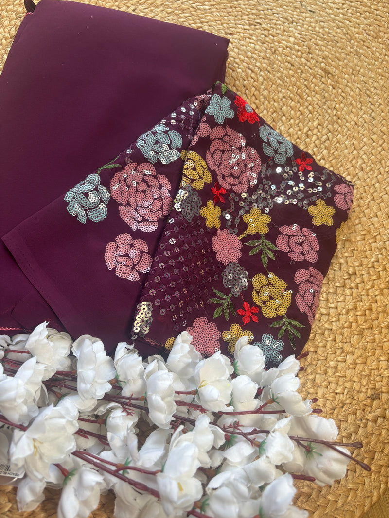 Alpa Elegant Wine Georgette Plain Saree with Designer Embroidered Blouse