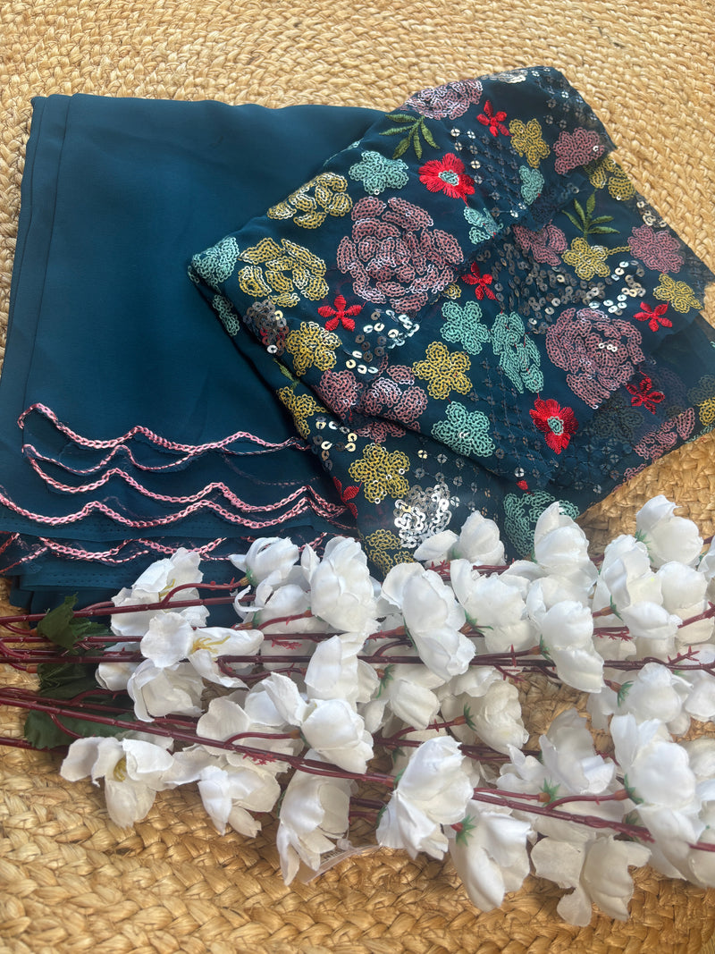 Alpa Elegant Blue Georgette Plain Saree with Designer Embroidered Blouse