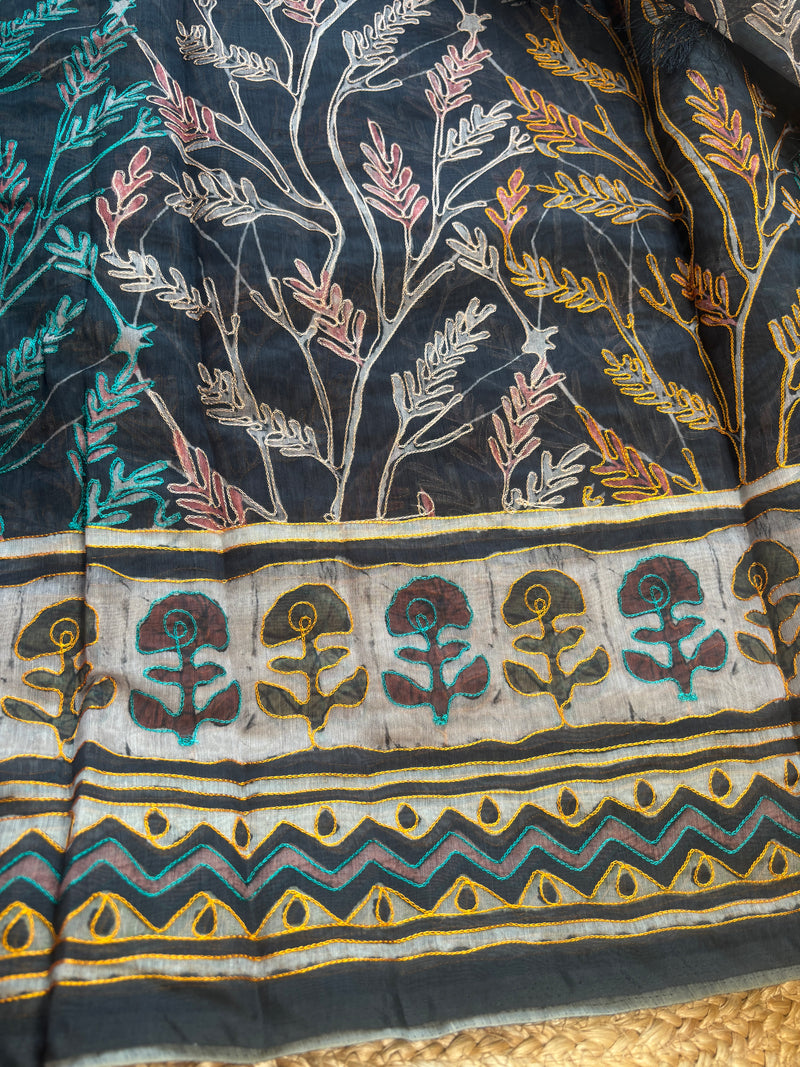 Mishi Black Cotton Saree with Artistic Kantha Work