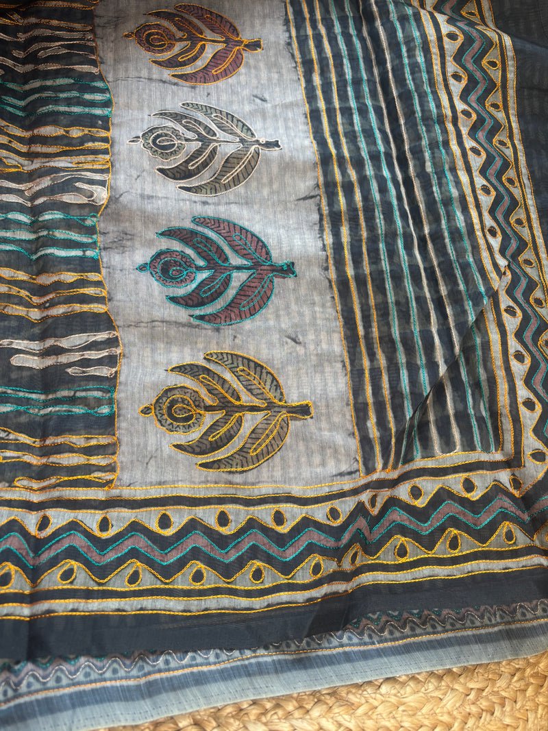 Mishi Black Cotton Saree with Artistic Kantha Work