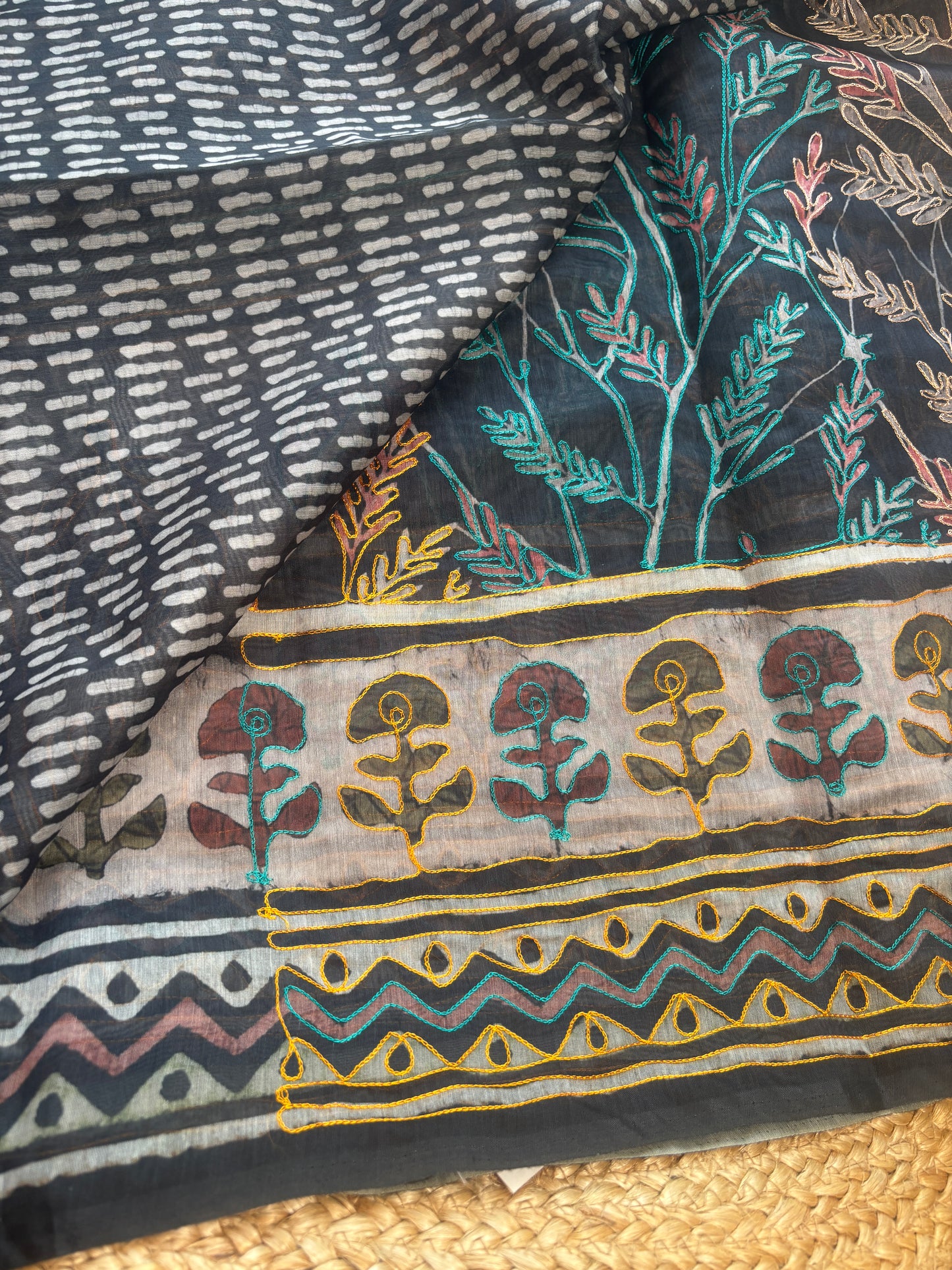 Mishi Black Cotton Saree with Artistic Kantha Work