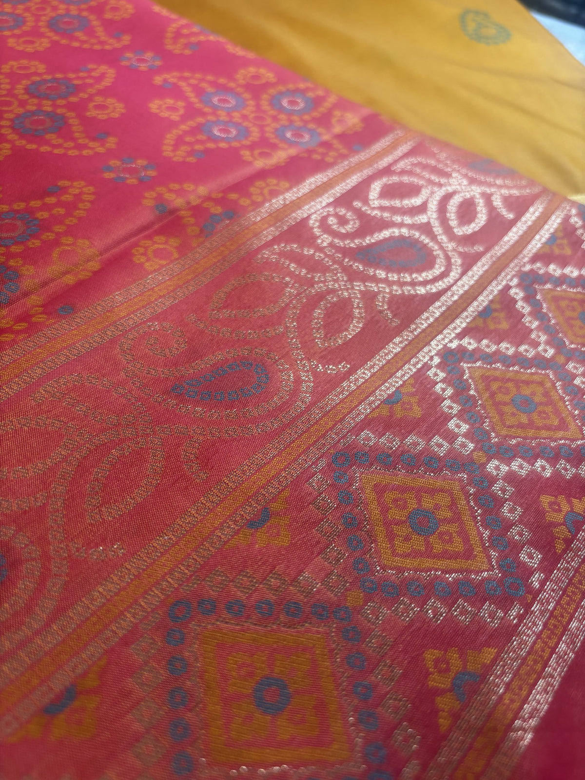 Ria Mustard Yellow & Pink Soft Silk Saree | Radhe Ethnics