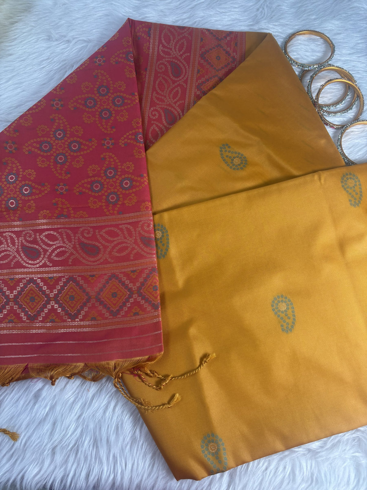 Ria Mustard Yellow & Pink Soft Silk Saree | Radhe Ethnics