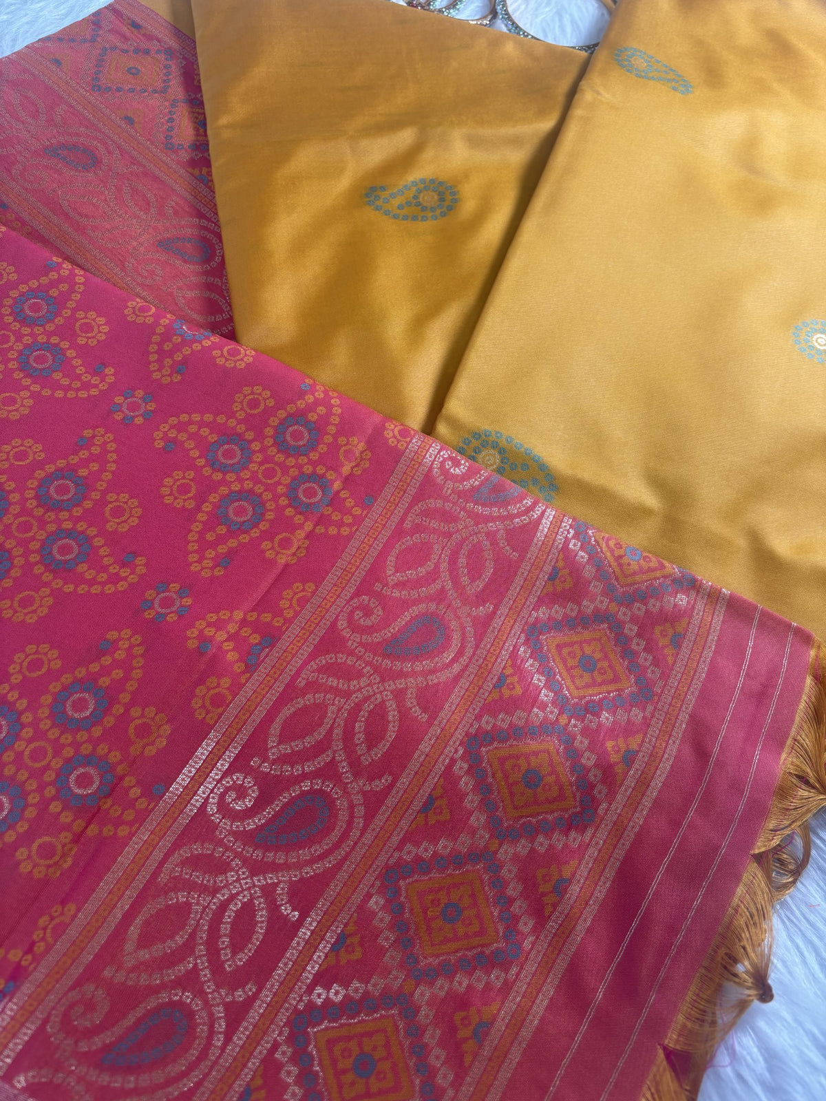 Ria Mustard Yellow & Pink Soft Silk Saree | Radhe Ethnics
