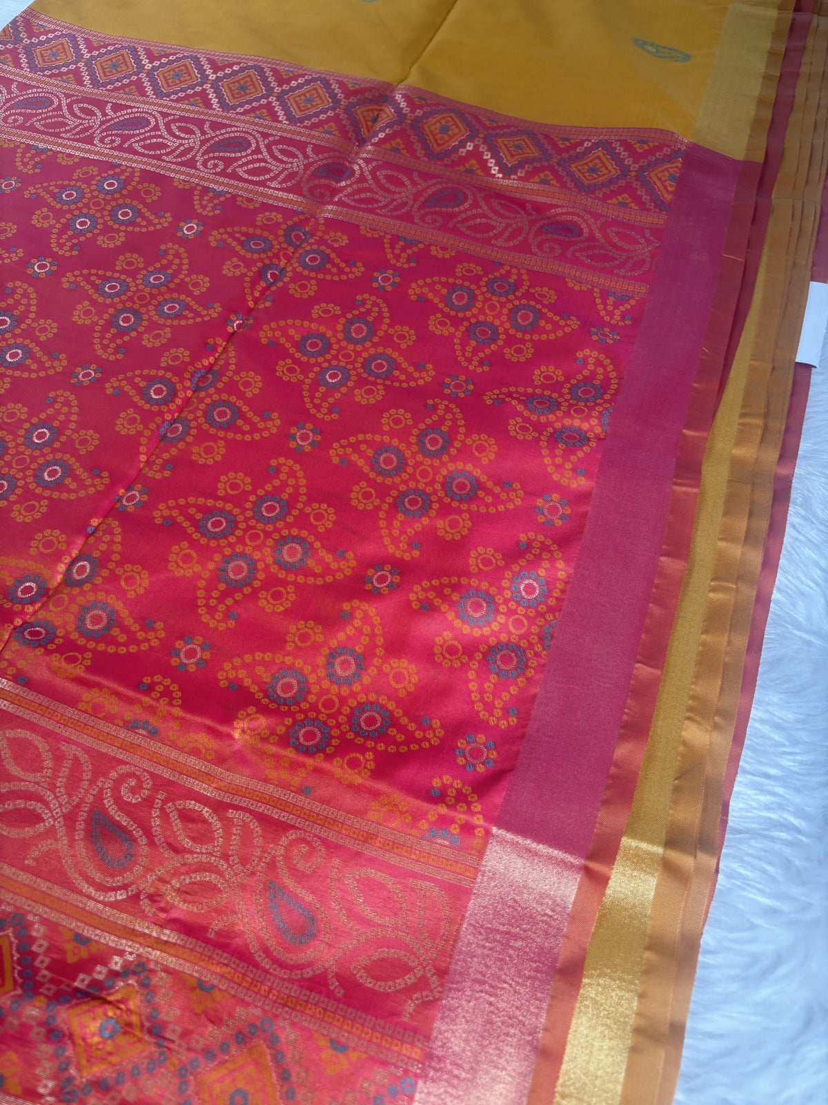 Ria Mustard Yellow & Pink Soft Silk Saree | Radhe Ethnics