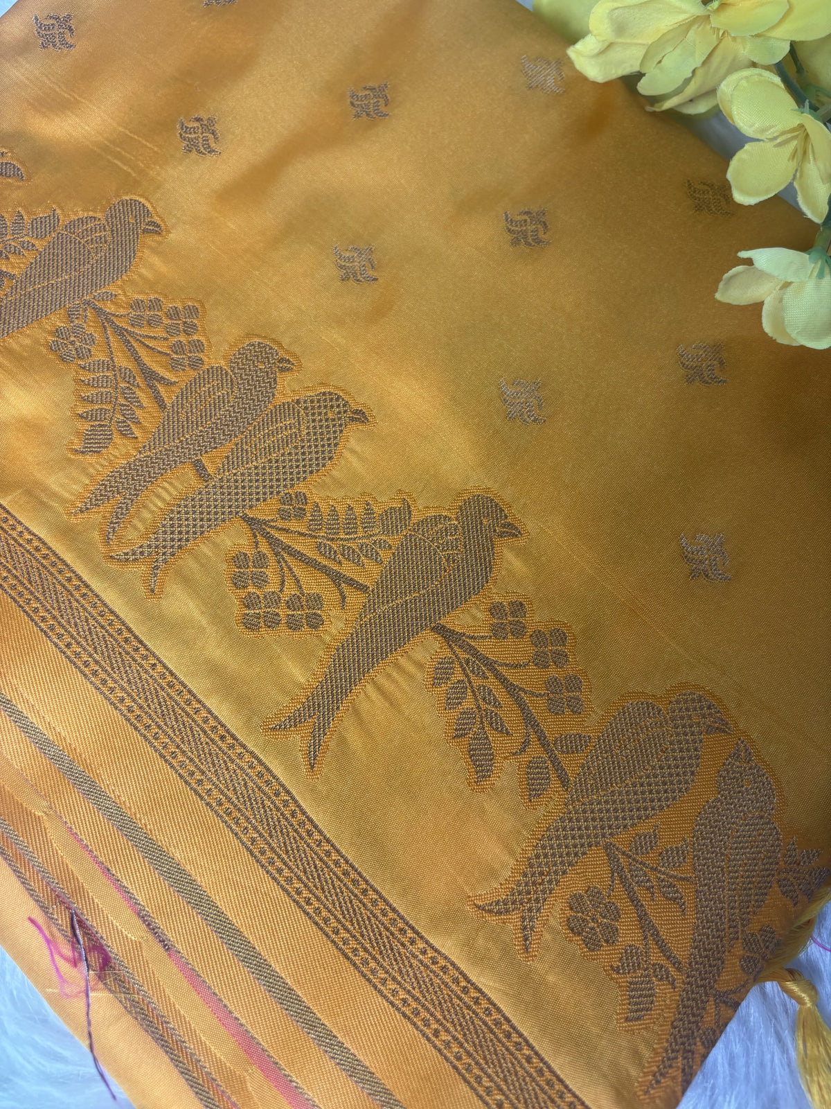Vamika Mustard Yellow Soft Silk Saree with Pink Pallu | Radhe Ethnics