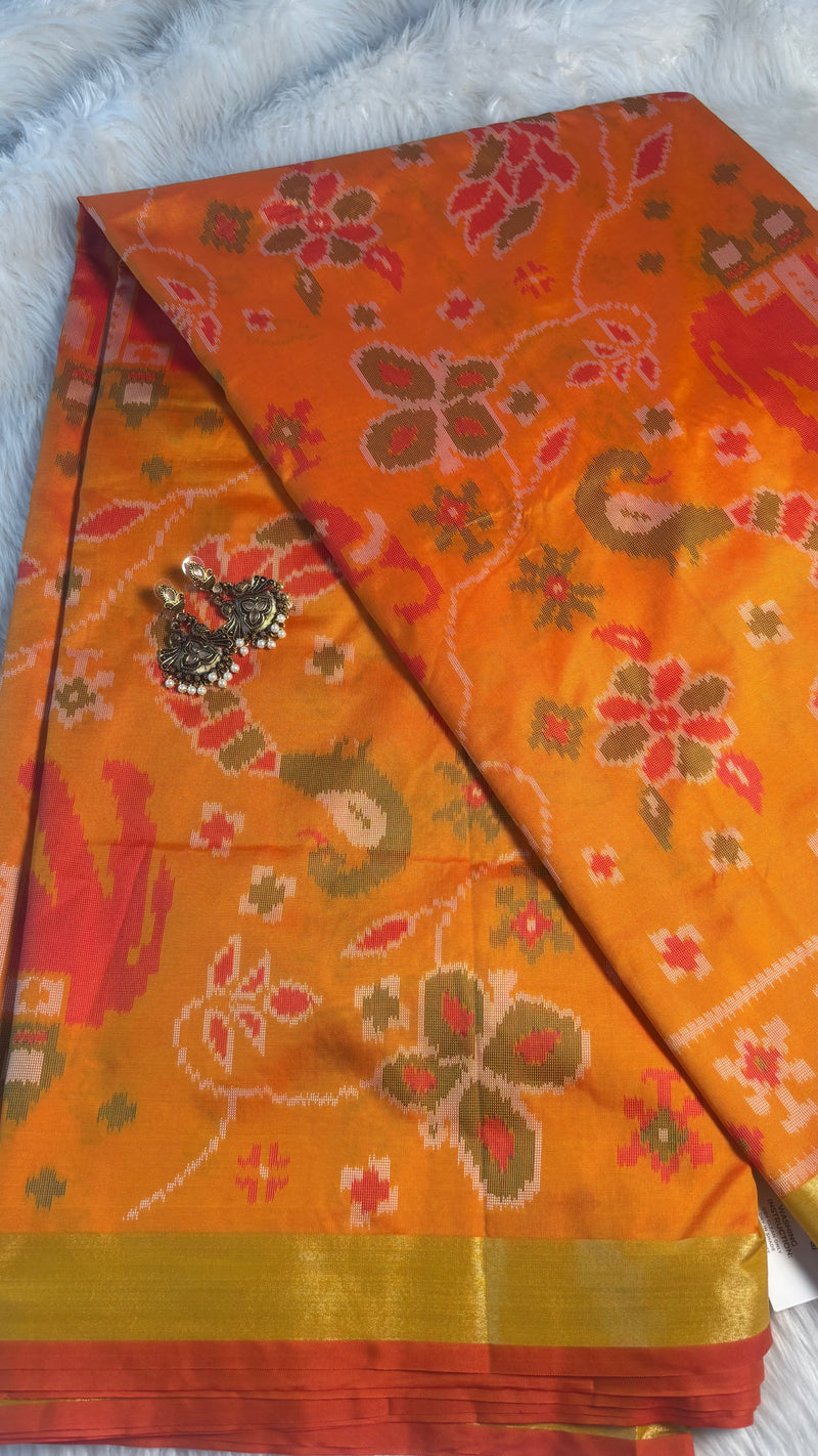 Maya Yellow Ikkat Print Sift Blended Silk Saree| Radhe Ethnics