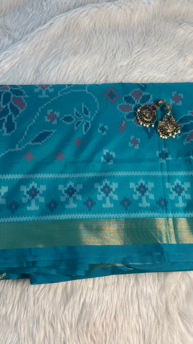 Maya Rama Green Ikkat Print Soft Blended Silk Saree | Radhe Ethnics