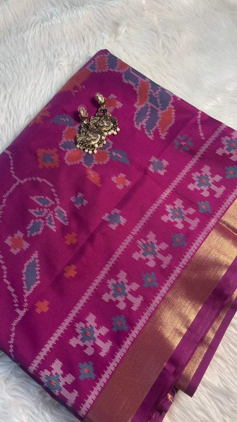 Maya Purple Ikkat Print Soft Blended Silk Saree | Radhe Ethnics