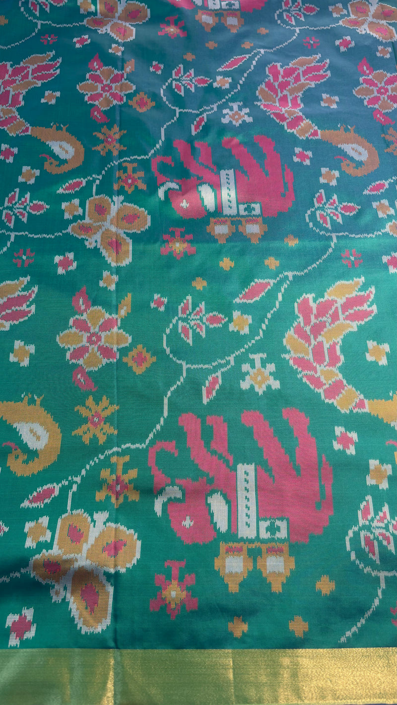 Maya Teal Green Ikkat Print Soft Blended Silk Saree | Radhe Ethnics