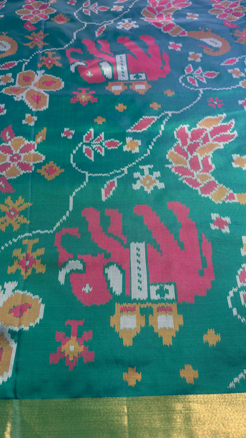 Maya Teal Green Ikkat Print Soft Blended Silk Saree | Radhe Ethnics