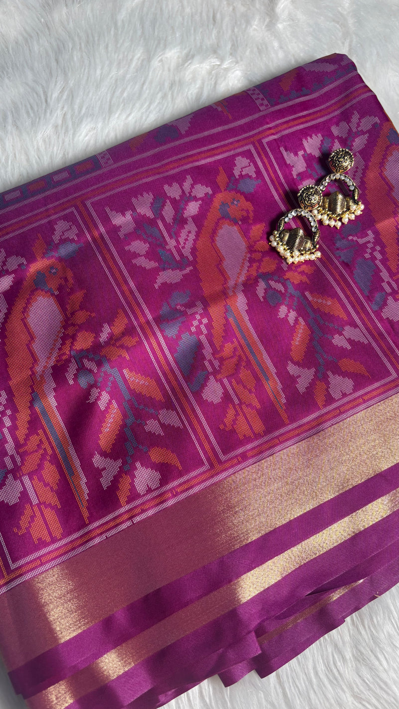 Kiara Purple Ikkat Print Soft Blended Silk Saree | Radhe Ethnics
